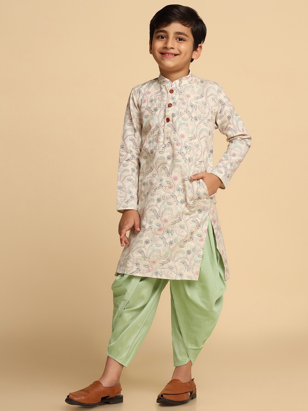 

KISAH Boys Kantha Printed Regular Fit Kurta, Cream