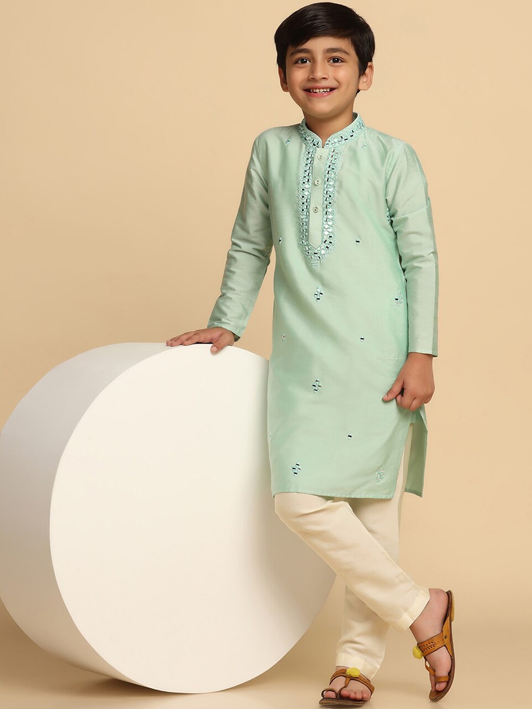 

KISAH Boys Embroidered Mirror Work Kurta, Sea green