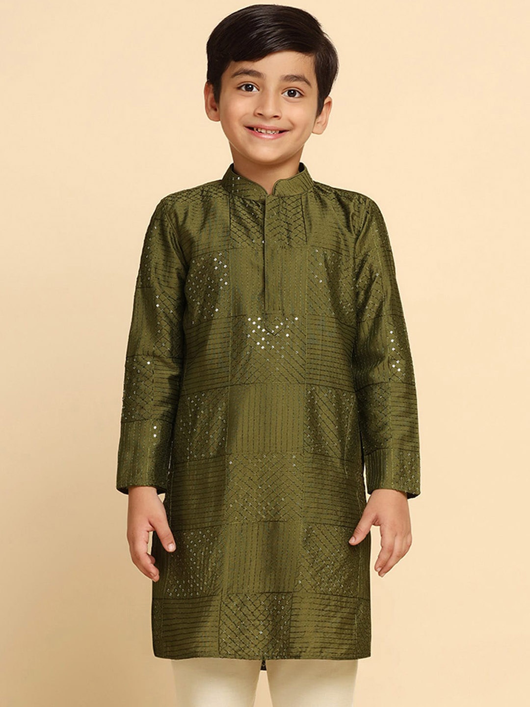 

KISAH Boys Geometric Embroidered Thread Work Straight Kurta, Olive