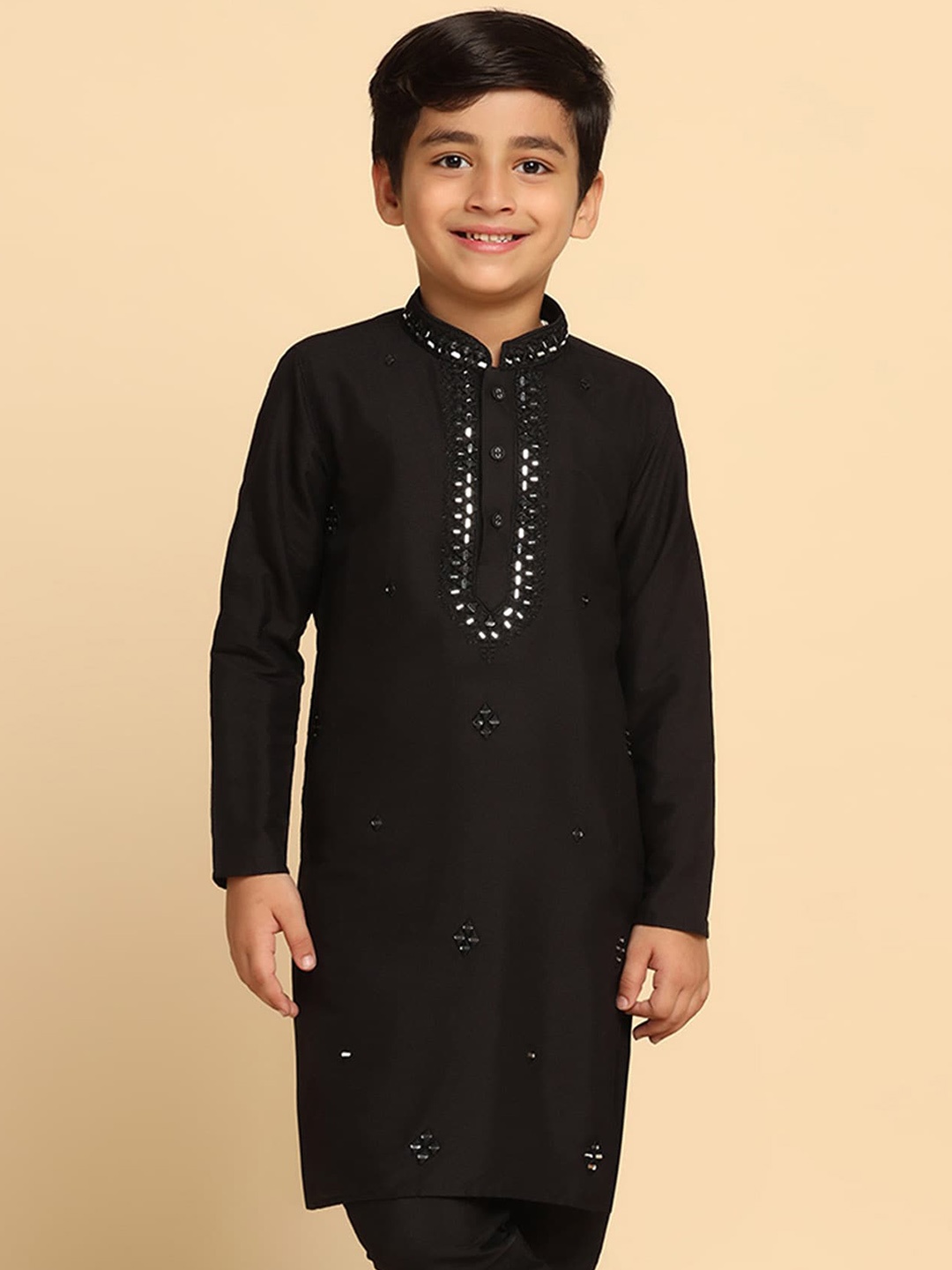 

KISAH Boys Ethnic Motifs Embroidered Mirror Work Straight Kurta, Black