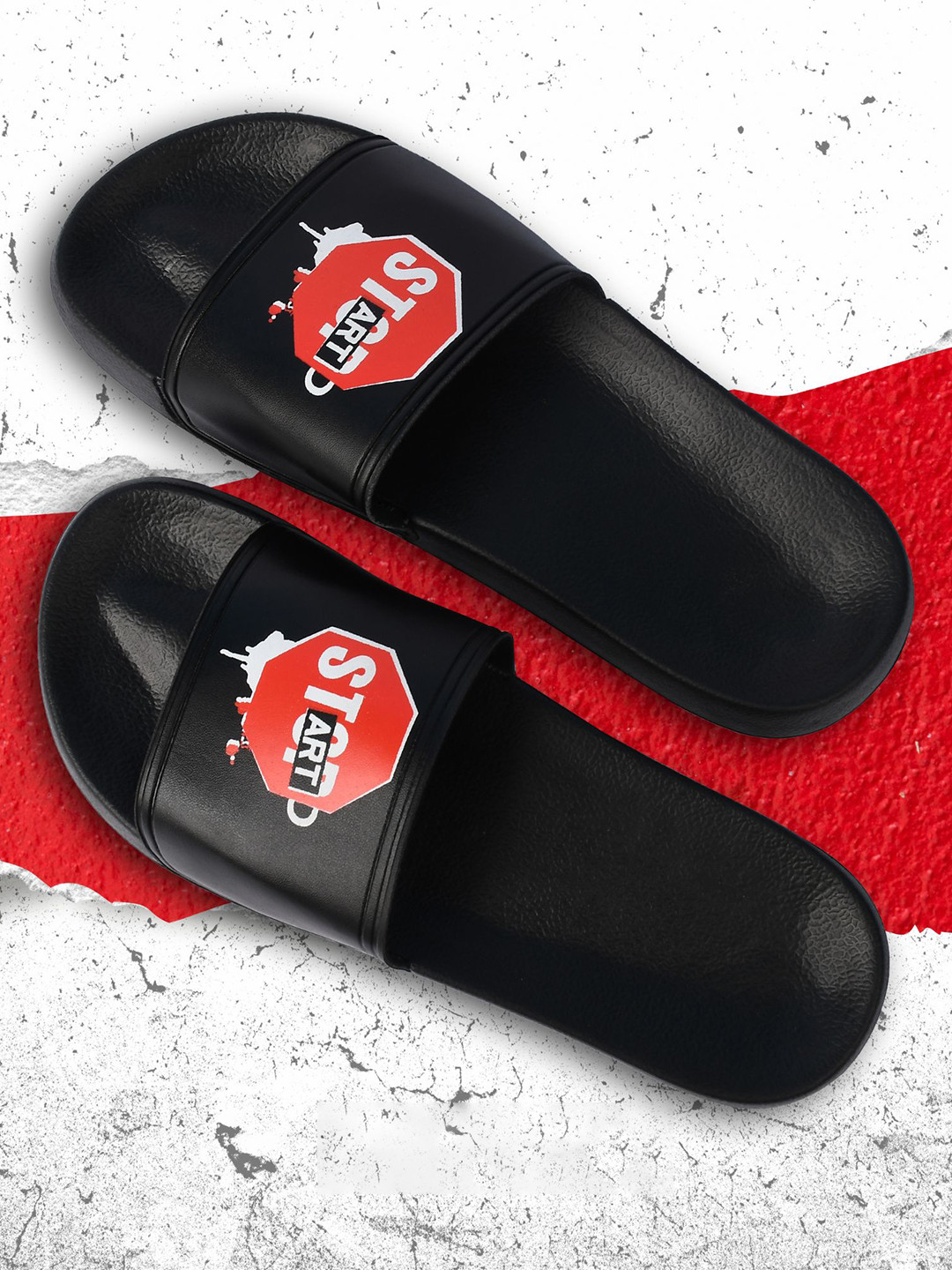 

PERY PAO Men Printed Open Toe Sliders, Black