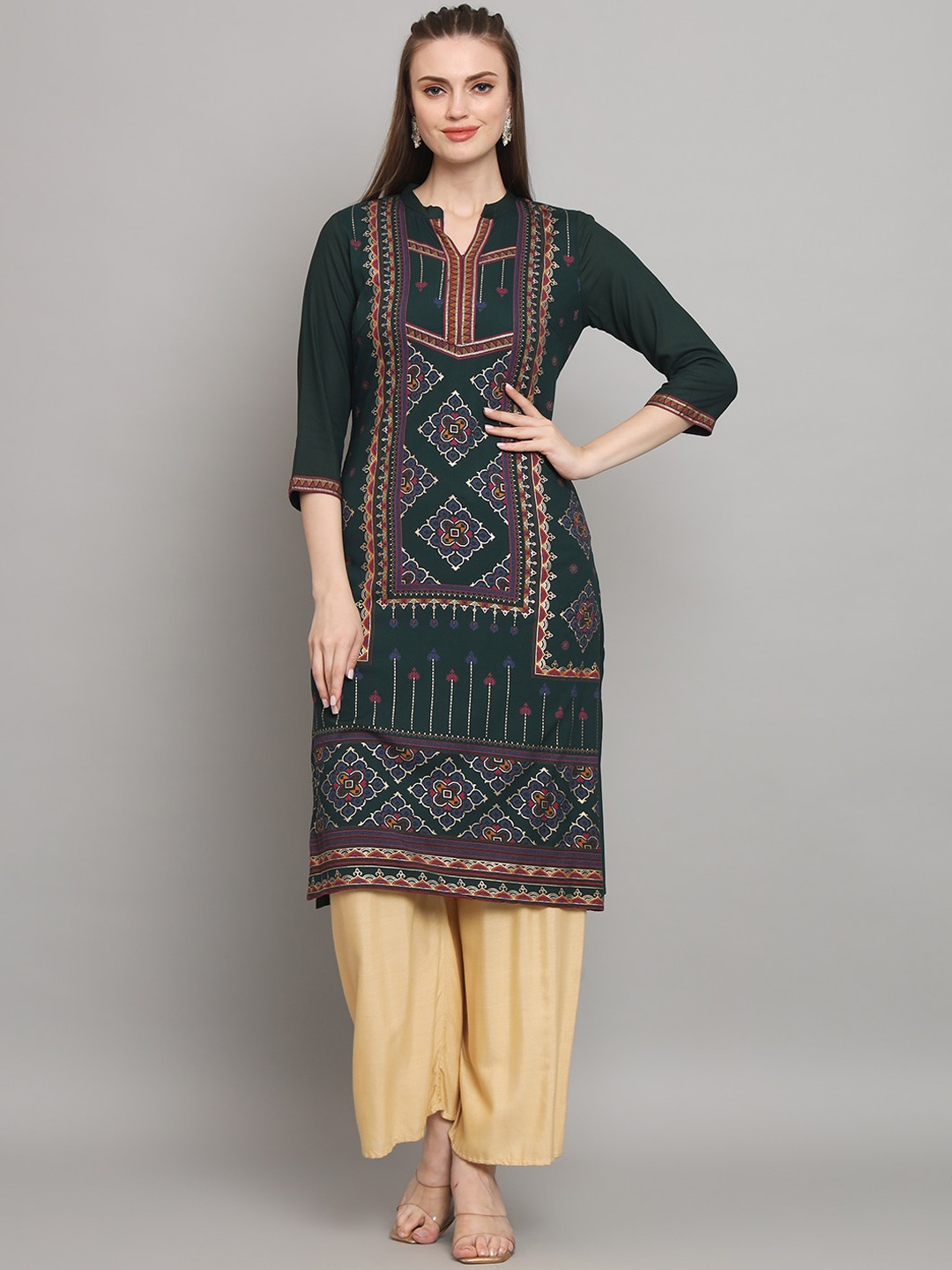 

RANGMAYEE Ethnic Motifs Foil Printed Straight Kurta, Green