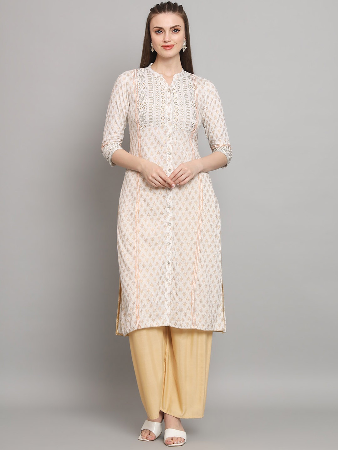 

RANGMAYEE Floral Printed Mandarin Collar Straight Panelled Kurta, White