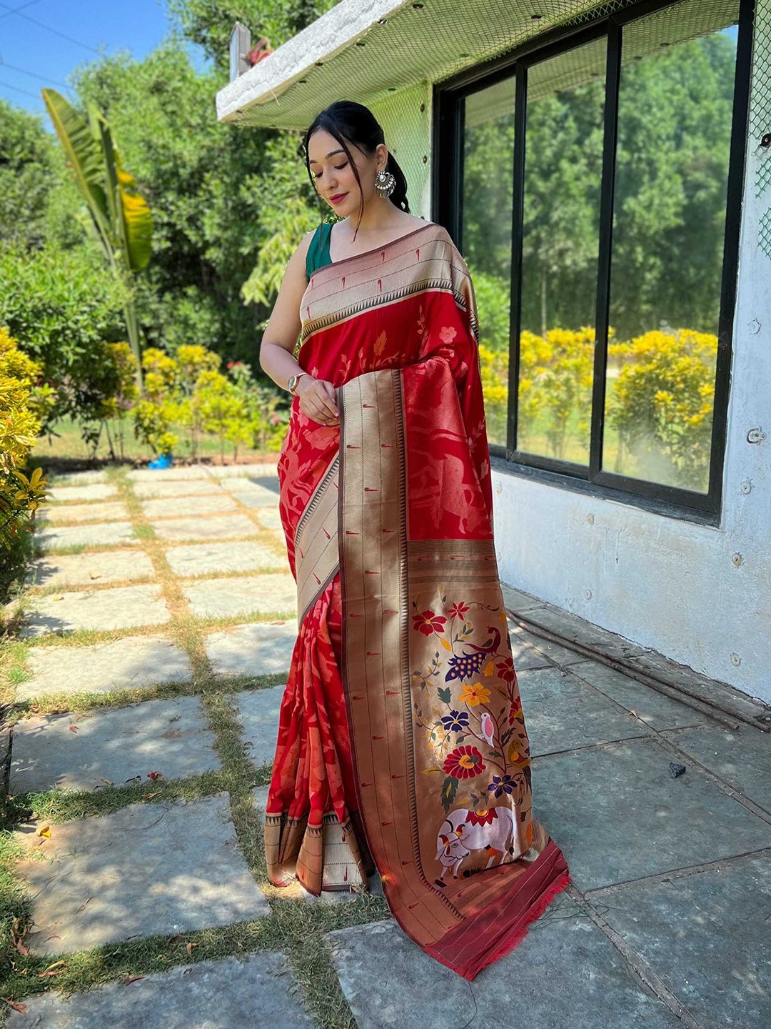 

Mitera Woven Design Zari Paithani Saree, Red