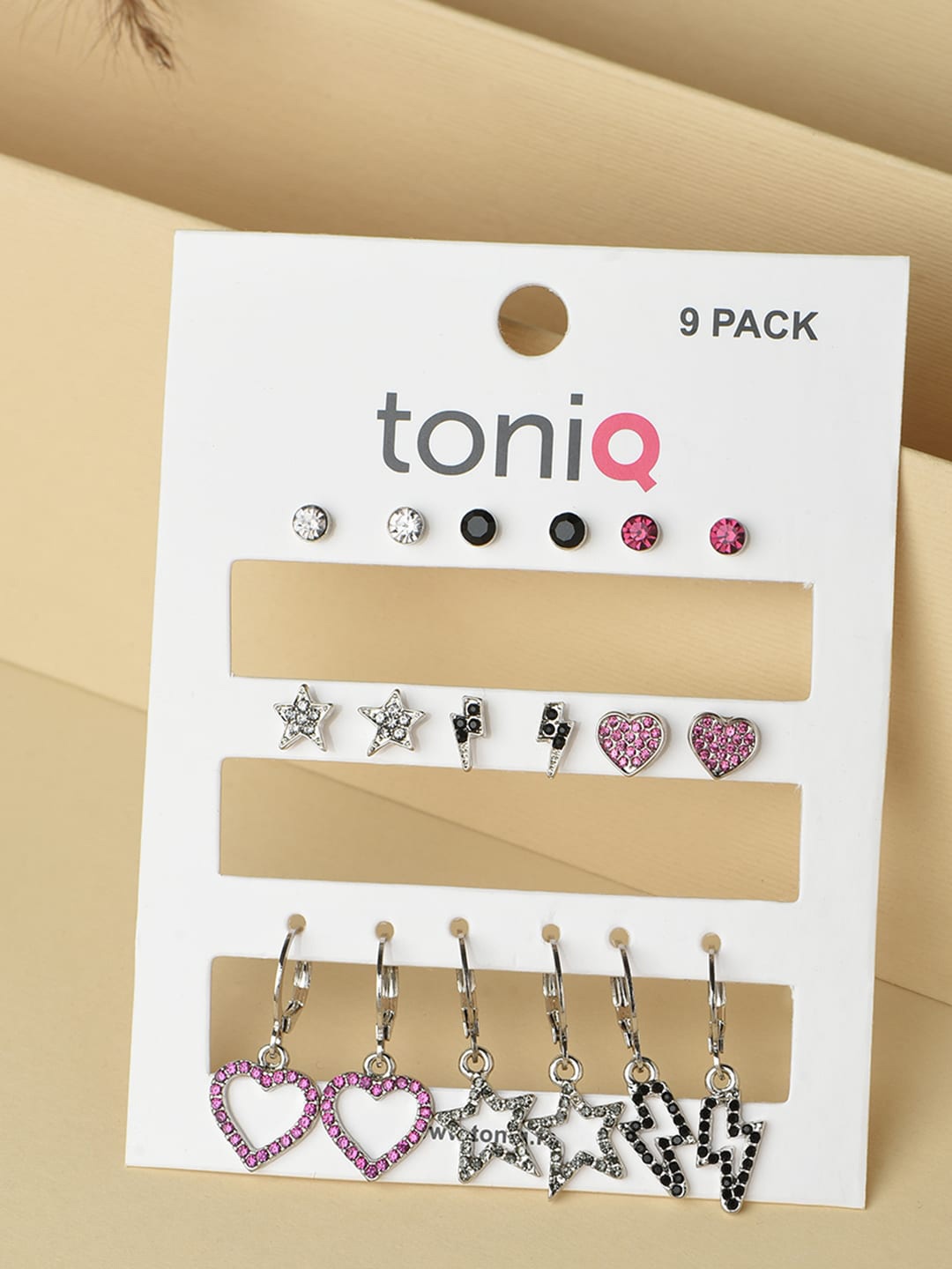 

ToniQ Set Of 9 Silver Plated Stone Studded Drop Earrings