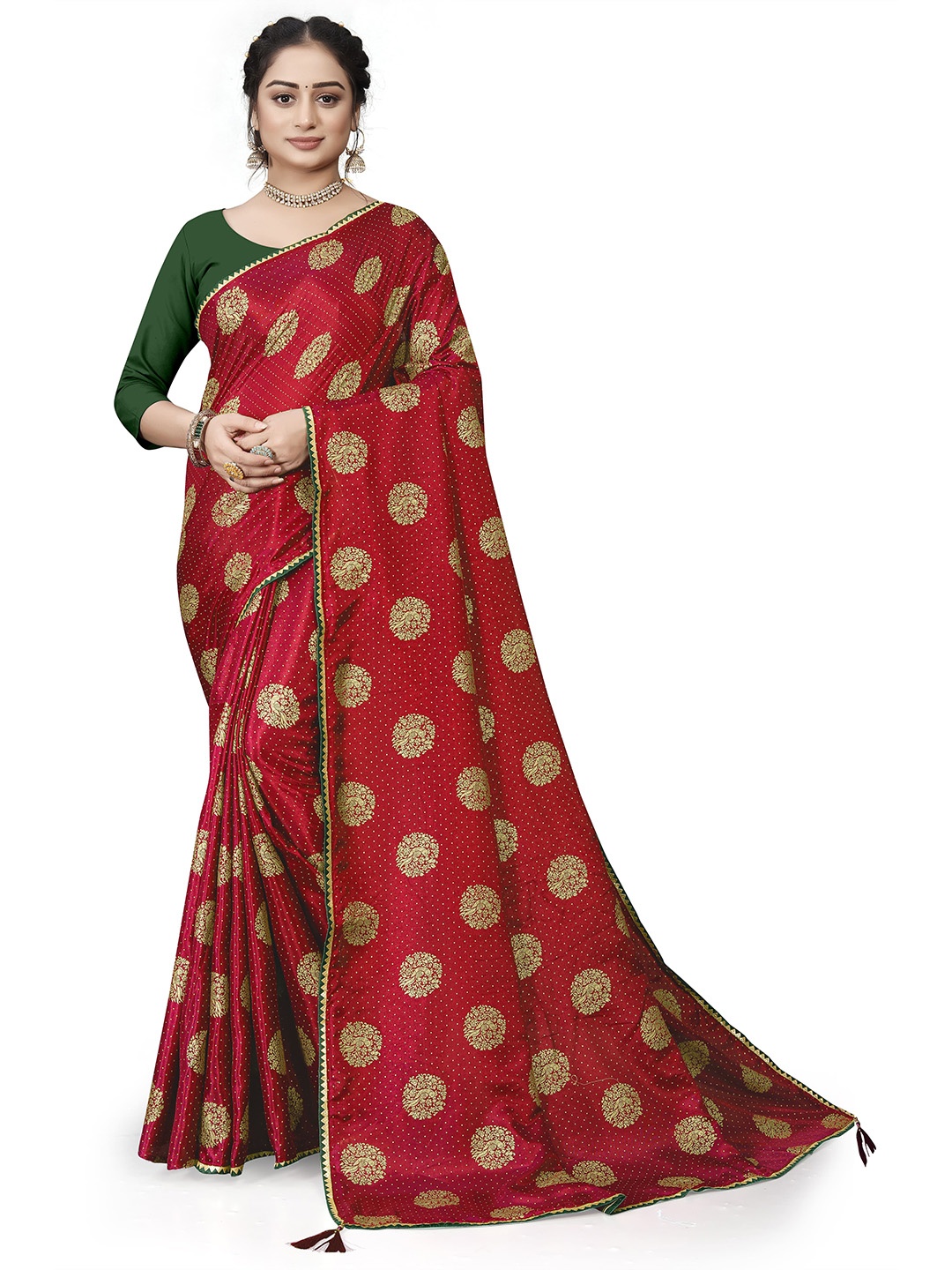 

ZELZIS Ethnic Motifs Printed Saree, Red