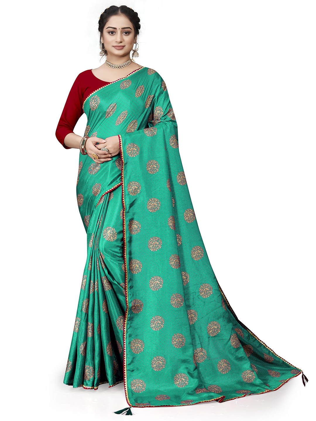 

ZELZIS Ethnic Motifs Printed Gotta Patti Saree, Green