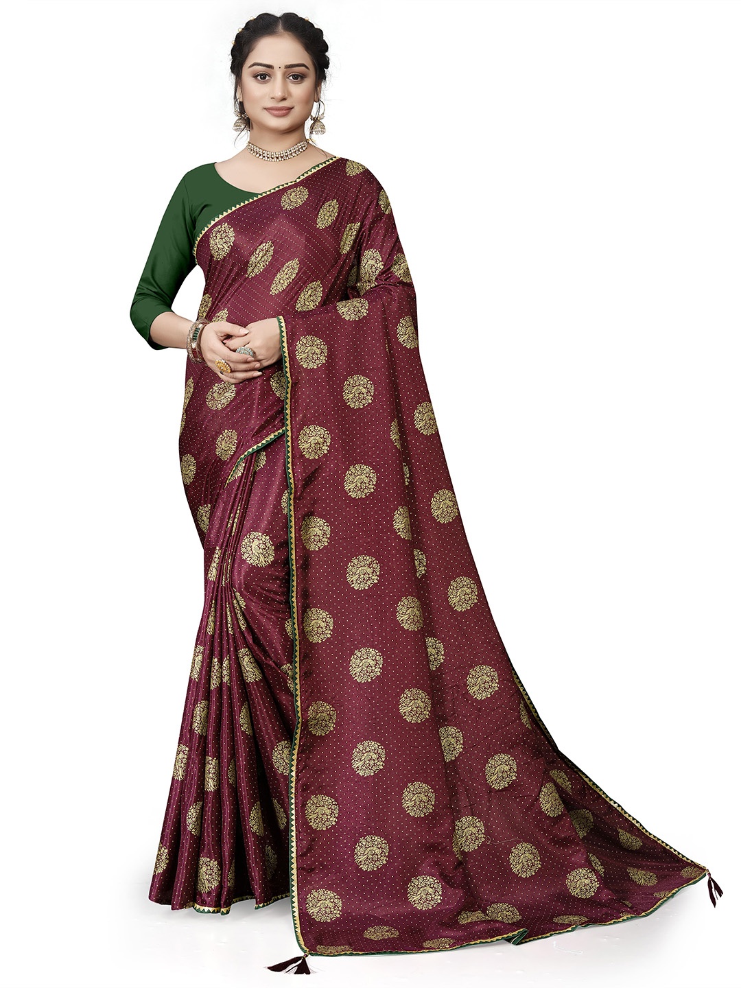 

ZELZIS Ethnic Motifs Printed Gotta Patti Saree, Maroon