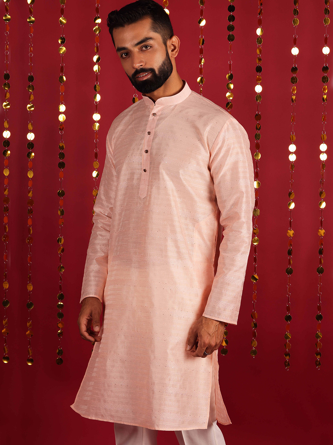 

Lightpole Woven Design Mandarin Collar Straight Kurta, Peach