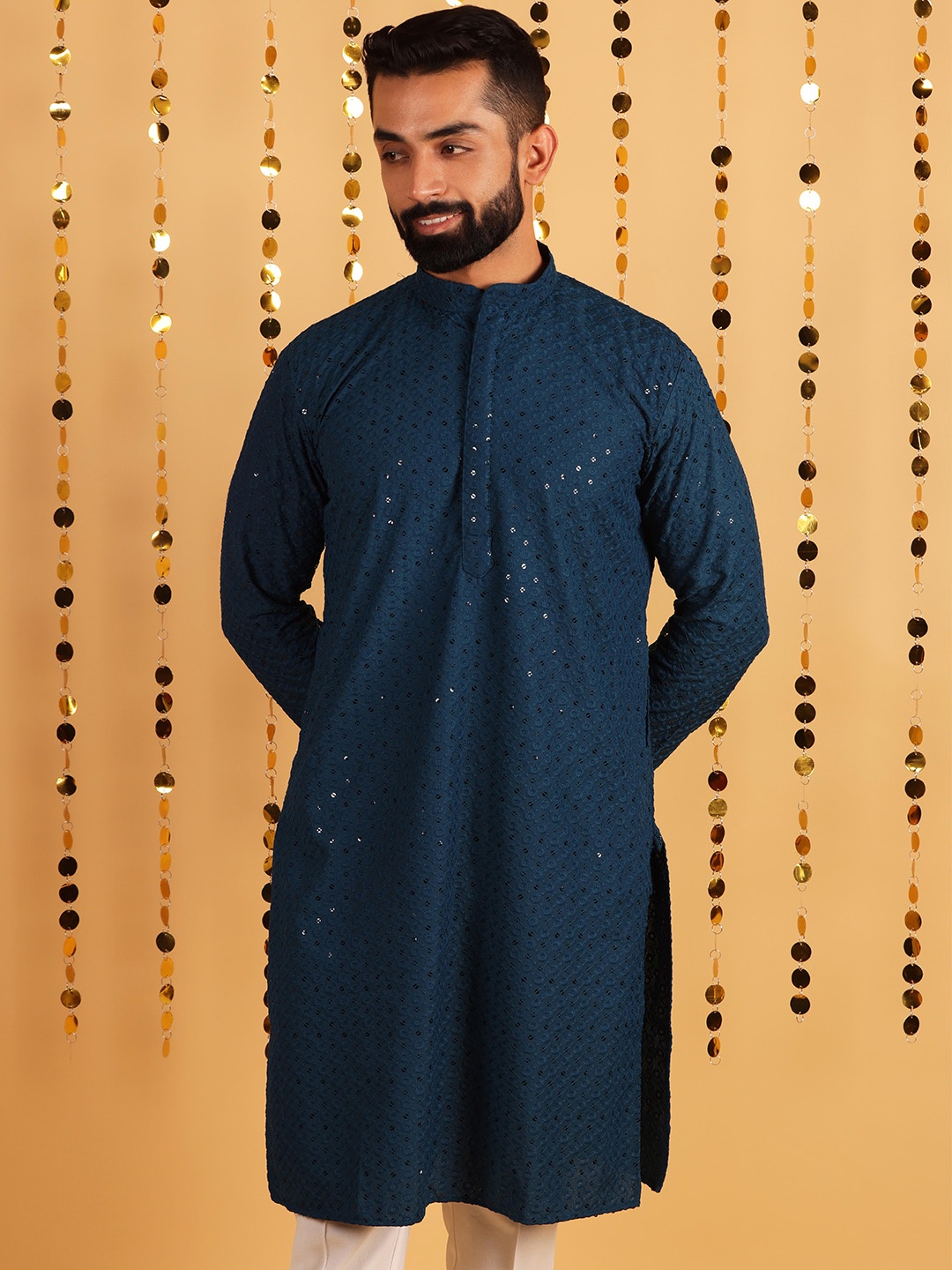 

Lightpole Thread Work Sequinned Straight Pure Cotton Kurta, Teal