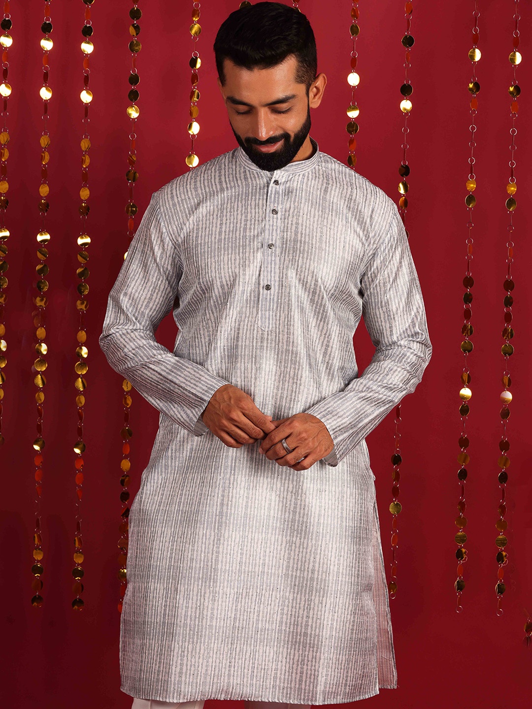 

Lightpole Woven Design Mandarin Collar Straight Kurta, Grey