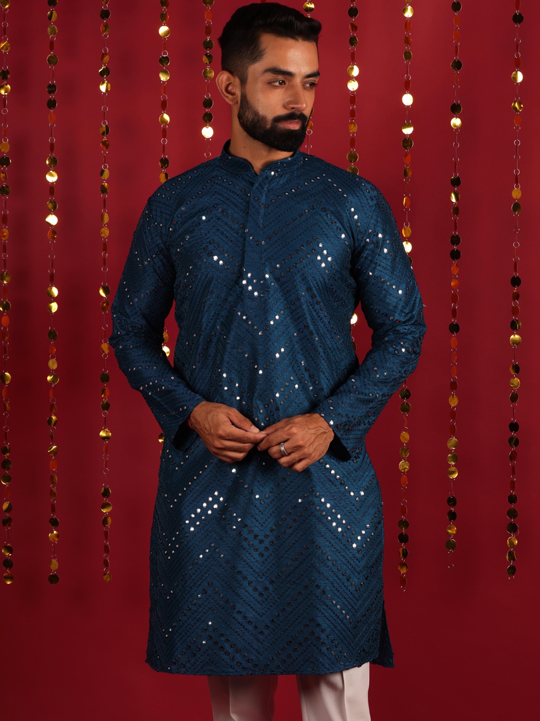 

Lightpole Embellished Mirror Work Straight Kurta, Teal