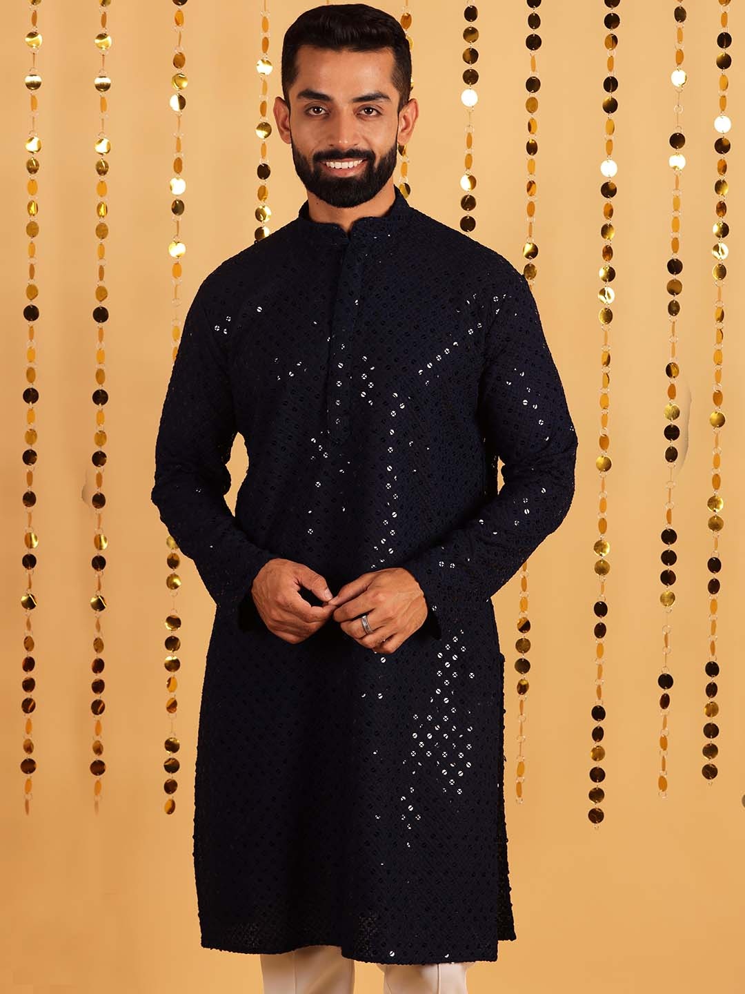 

Lightpole Ethnic Motifs Embroidered Sequined Mandarin Collar Cotton Silk Straight Kurta, Navy blue