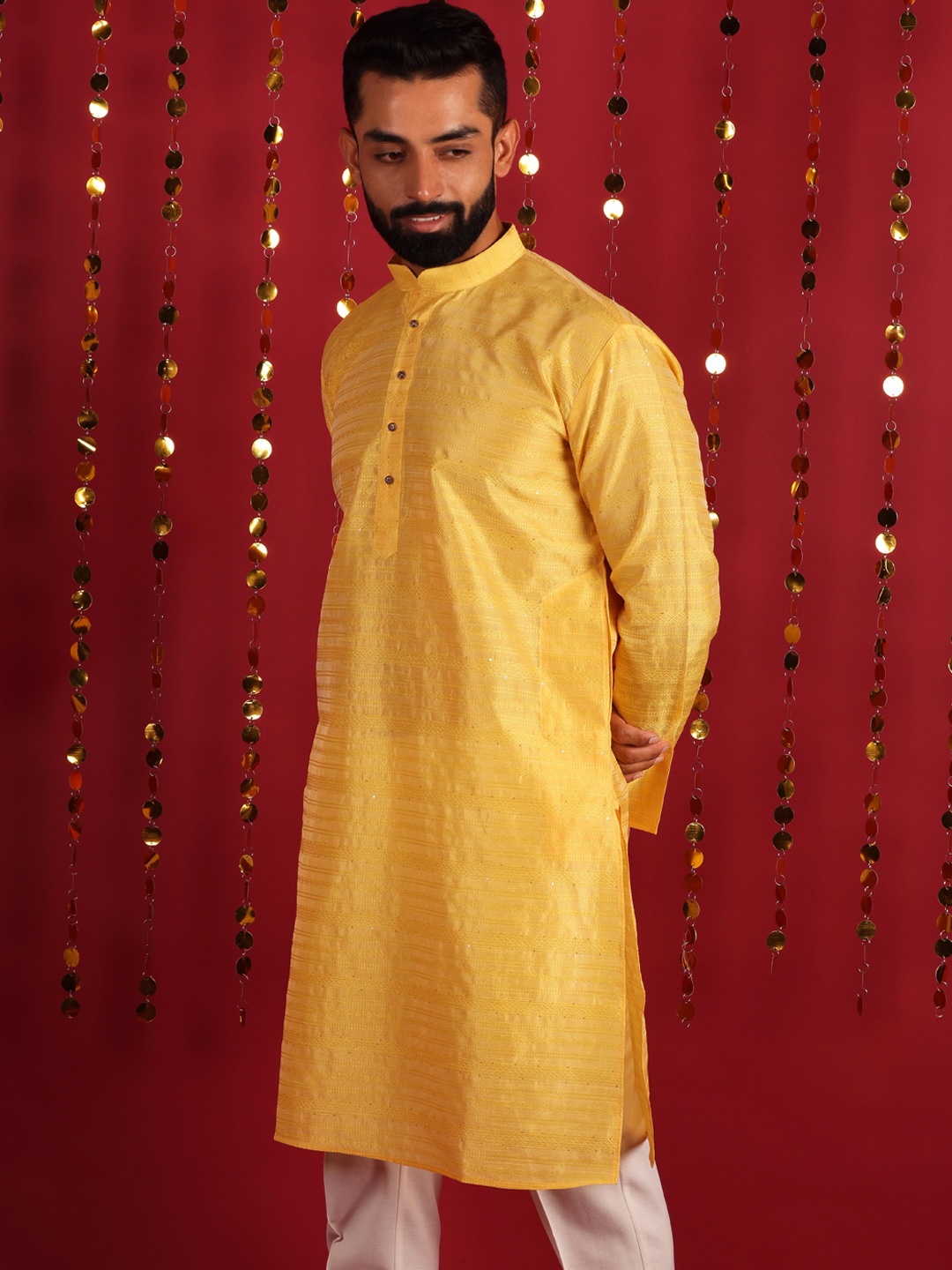

Lightpole Woven Design Mandarin Collar Straight Kurta, Yellow