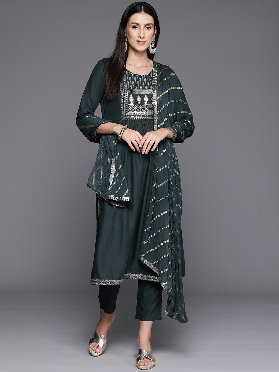 

KALINI Ethnic Motifs Embroidered Sequinned Kurta With Trousers & Dupatta, Green