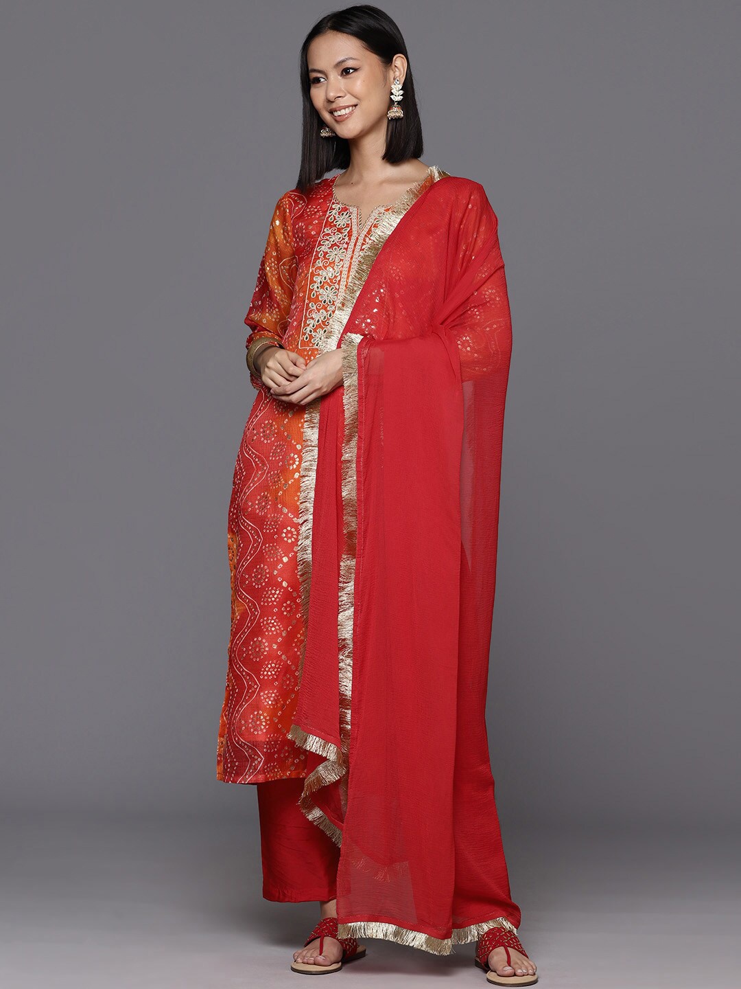 

KALINI Bandhani Printed Gotta Patti Detailed Straight Kurta & Trouser With Dupatta, Red