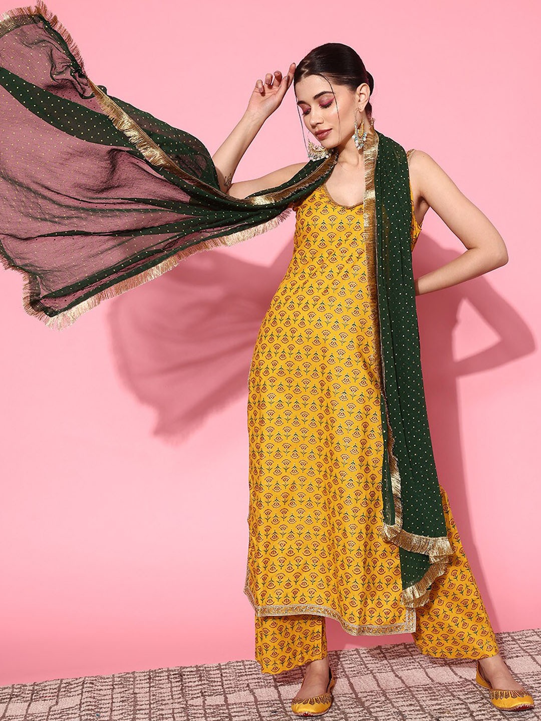 

KALINI Floral Printed Regular Gotta Patti Kurta With Palazzos & Dupatta, Yellow