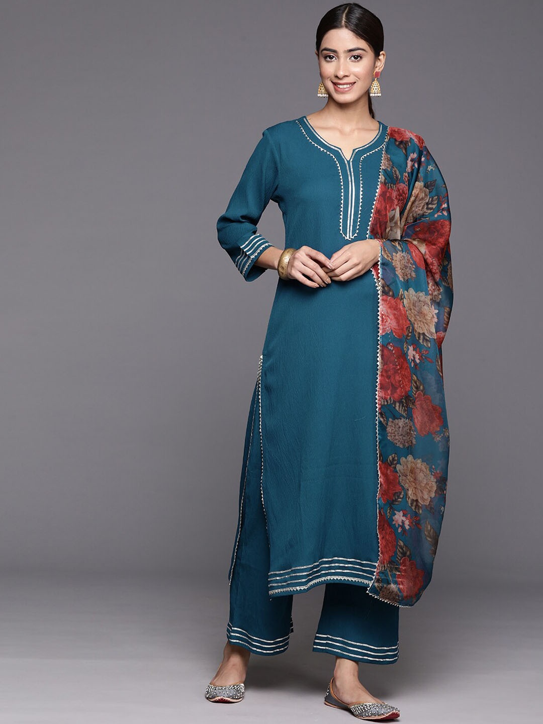 

KALINI Gotta Patti Detailed Straight Kurta & Palazzo With Dupatta, Teal