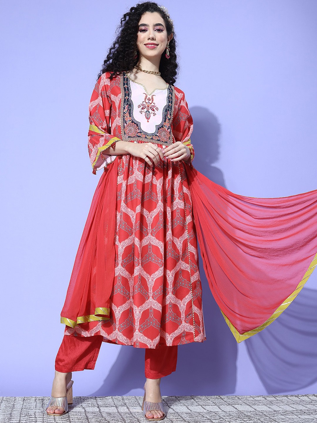 

KALINI Ethnic Motifs Printed Empire Gotta Patti Anarkali Kurta With Trousers & Dupatta, Red