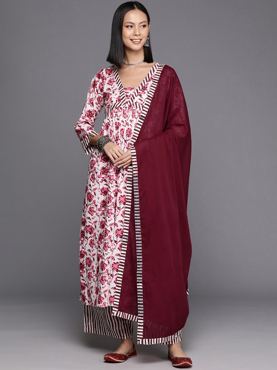 

KALINI Floral Printed Regular Pure Cotton Kurta With Palazzos & Dupatta, White