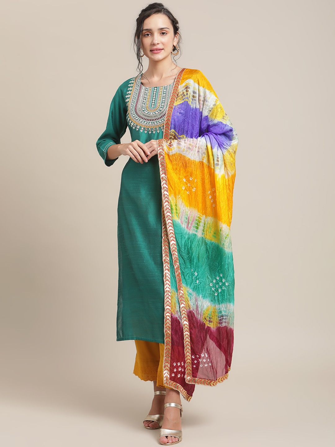 

KALINI Ethnic Motifs Yoke Design Regular Gotta Patti Kurta With Trousers & Dupatta, Teal