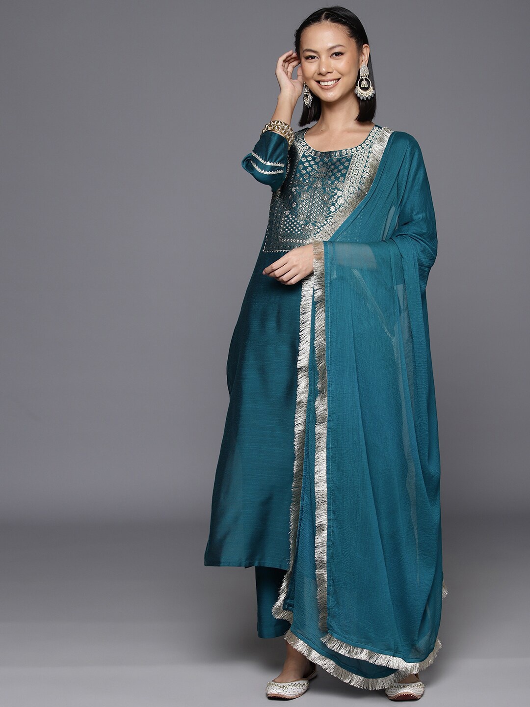 

KALINI Ethnic Motifs Yoke Design Regular Gotta Patti Kurta With Trousers & Dupatta, Blue