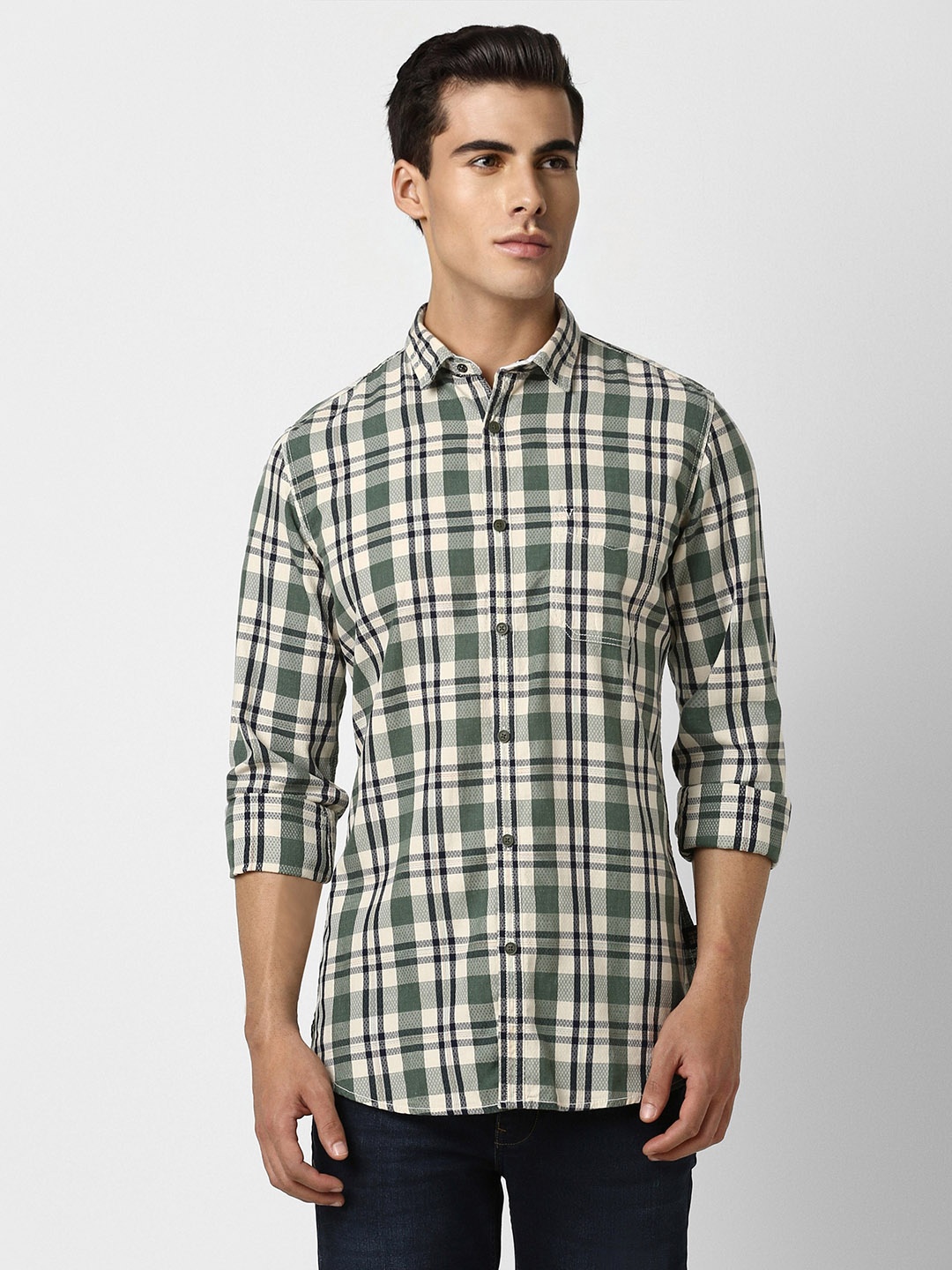 

VAN HEUSEN DENIM LABS Men Green Slim Fit Checked Casual Shirt