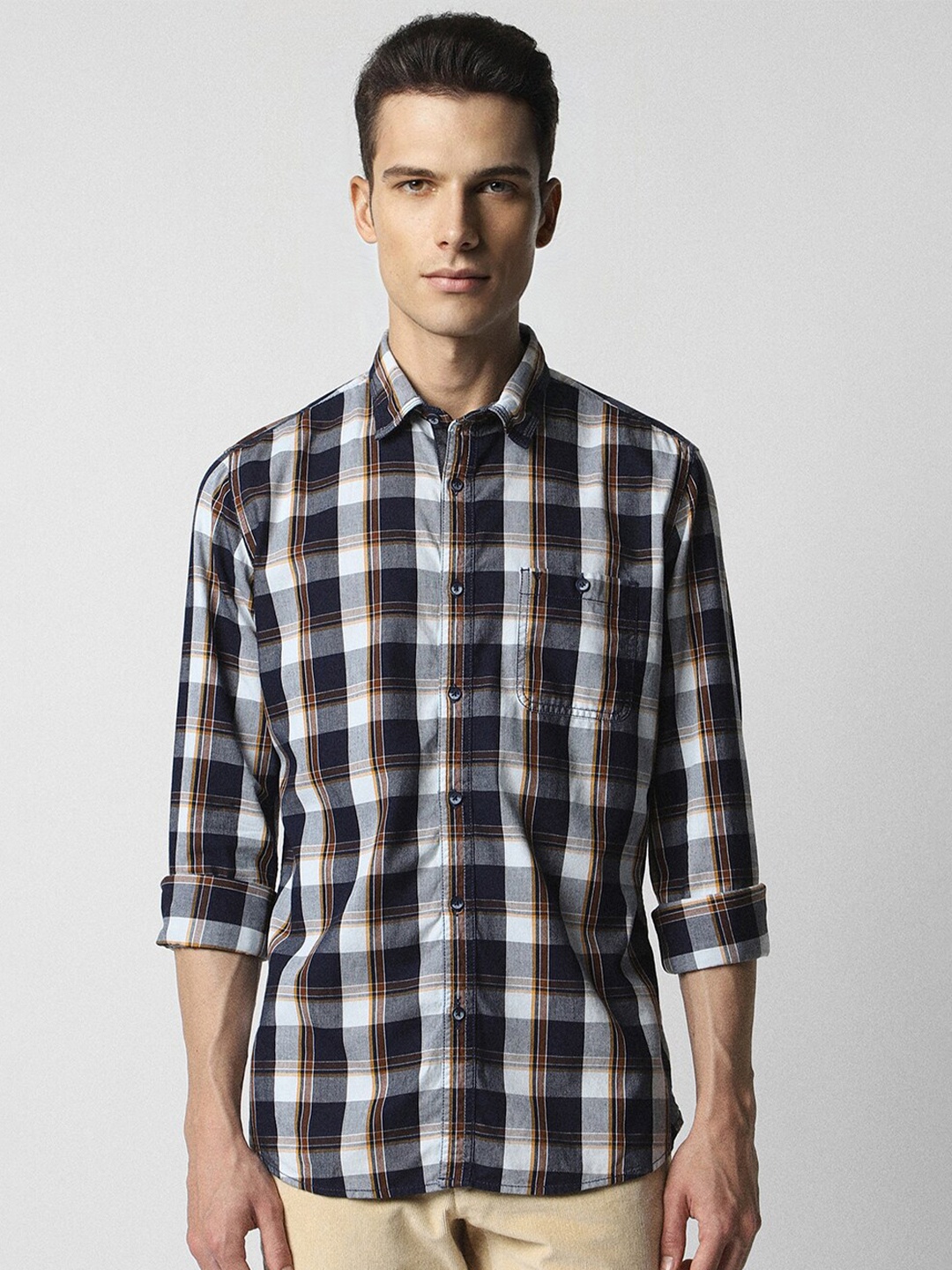 

VAN HEUSEN DENIM LABS Slim Fit Checked Pure Cotton Casual Shirt, Navy blue