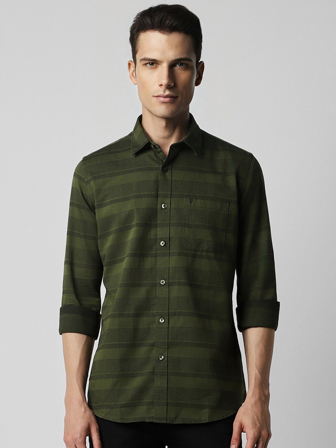 

Van Heusen Sport Slim Fit Horizontal Striped Pure Cotton Casual Shirt, Green