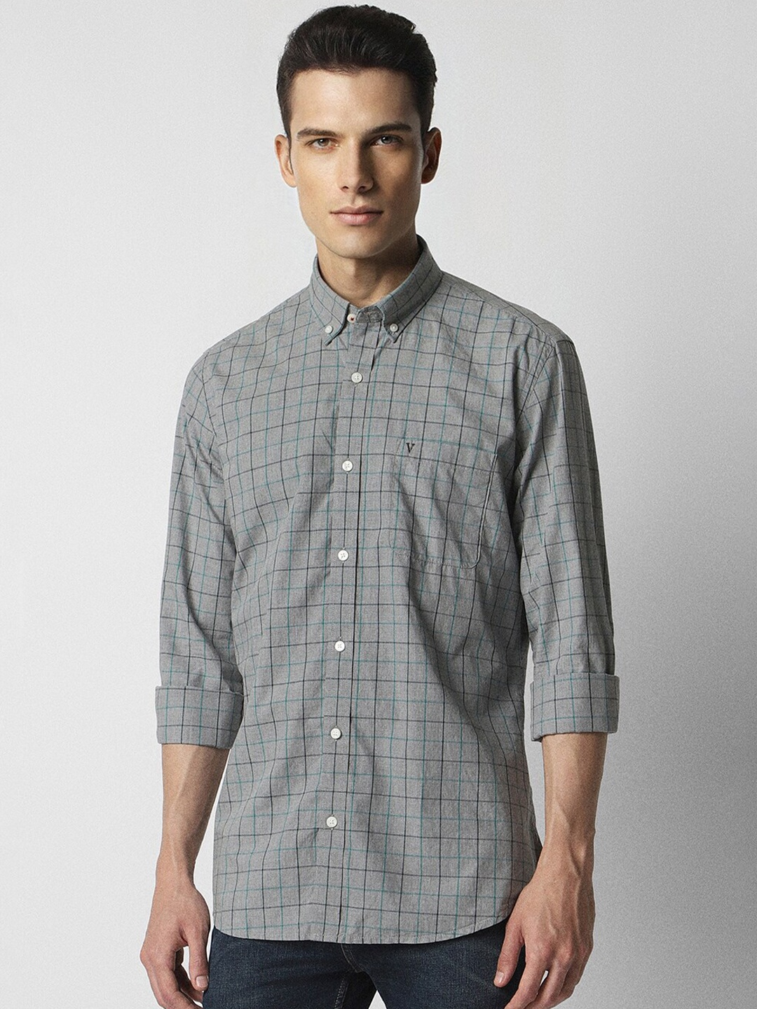 

Van Heusen Sport Slim Fit Checked Pure Cotton Casual Shirt, Grey