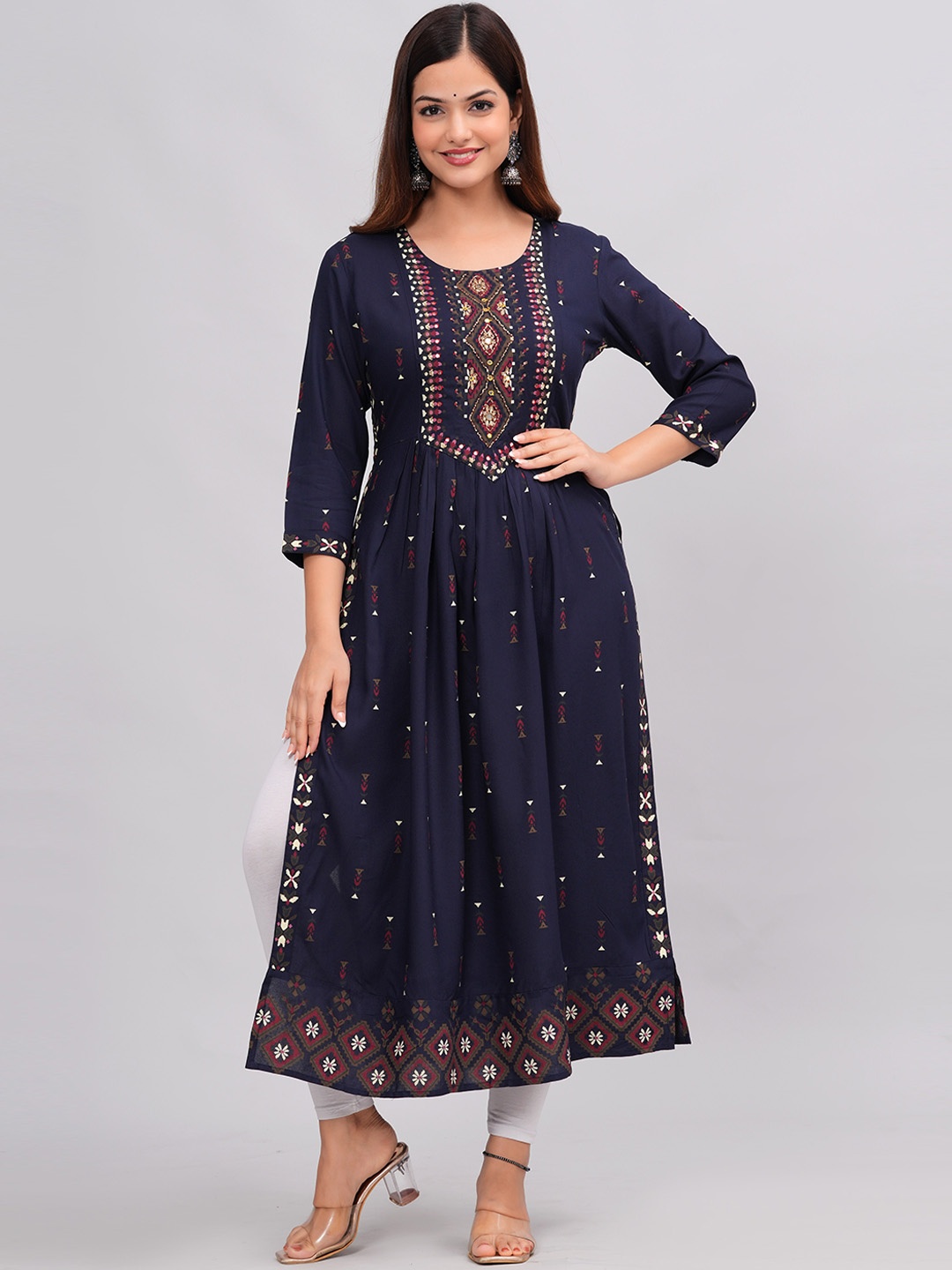 KALINI Ethnic Motifs Printed Round Neck A-Line Kurta, Blue
