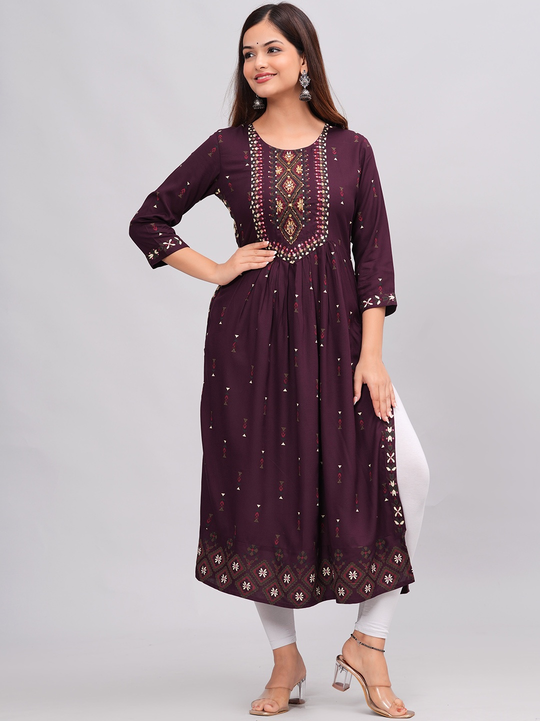 

KALINI Ethnic Motifs Printed High Slit Kurta, Purple