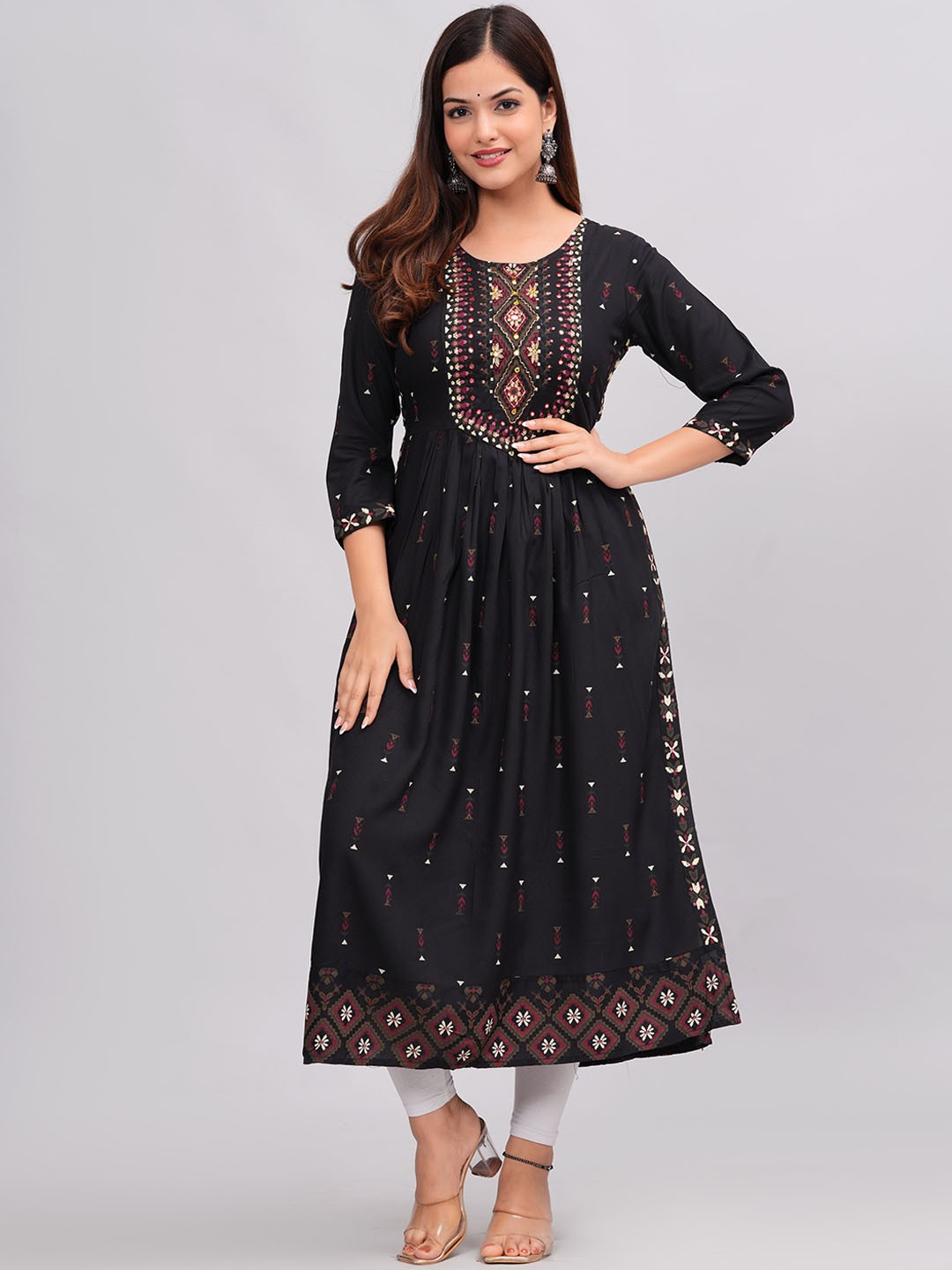 

KALINI Ethnic Motifs Printed Round Neck A-Line Kurta, Black