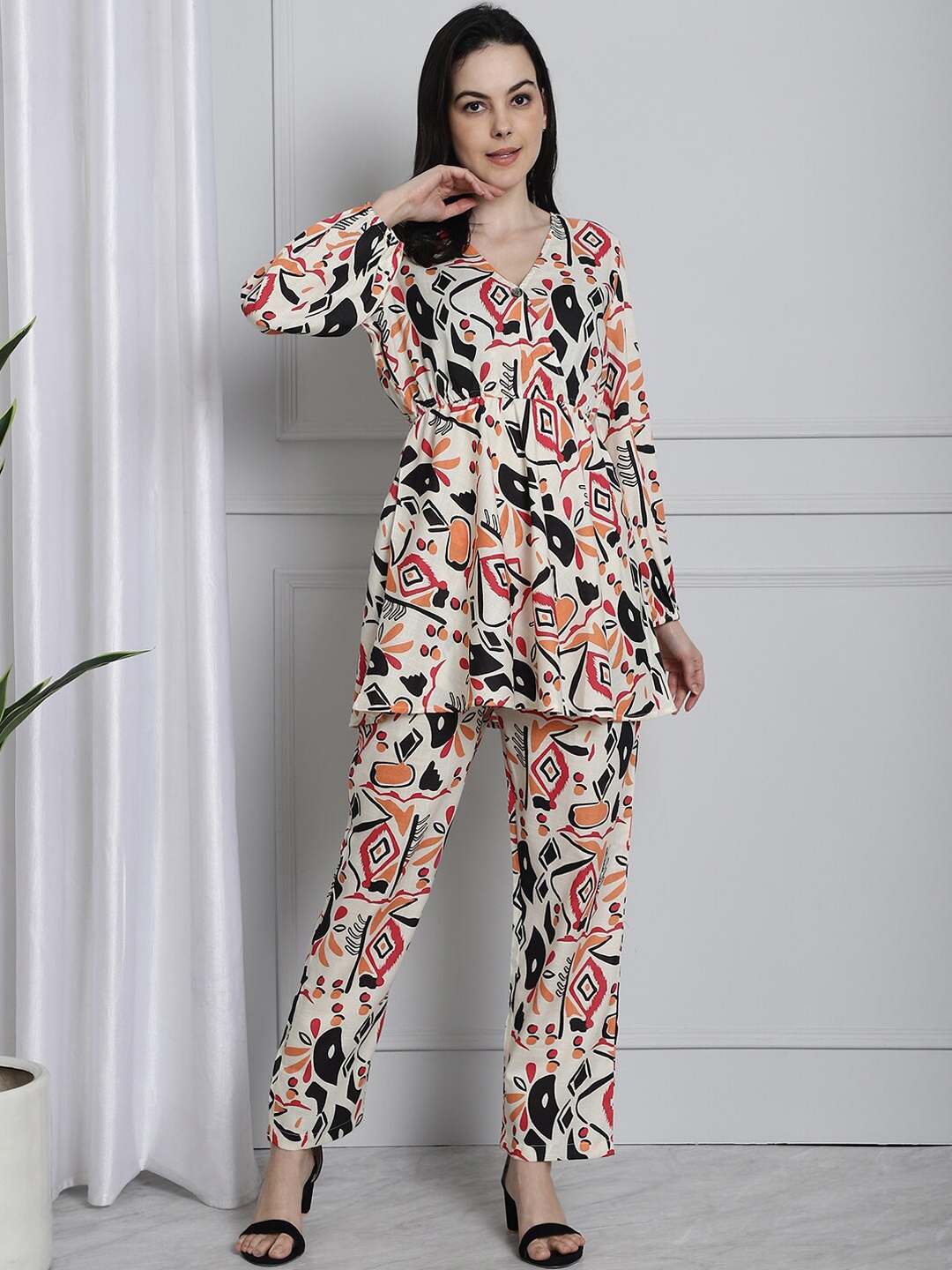 

Frempy Printed V-Neck Top With Trouser Co-Ords, Red