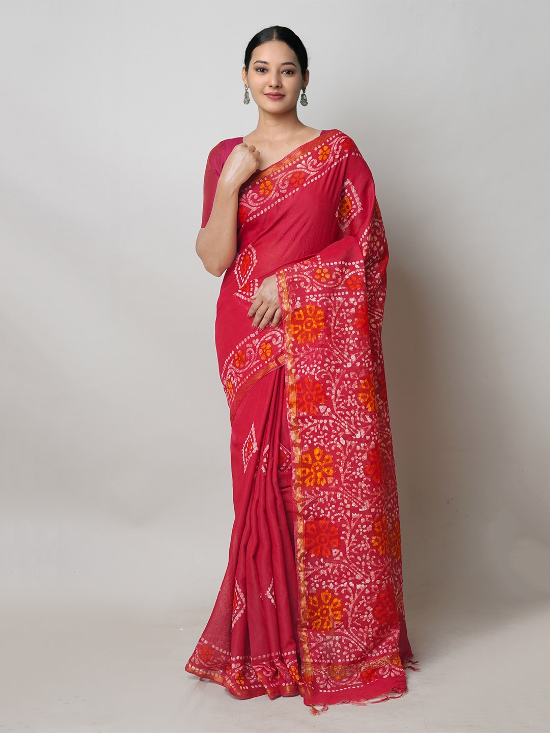

Unnati Silks Batik Printed Silk Cotton Chanderi Saree, Red