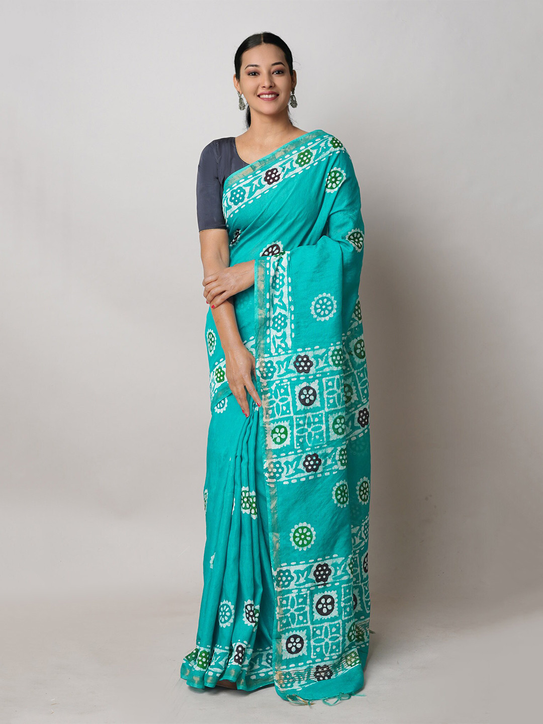 

Unnati Silks Ethnic Motifs Printed Zari Silk Cotton Chanderi Saree, Green