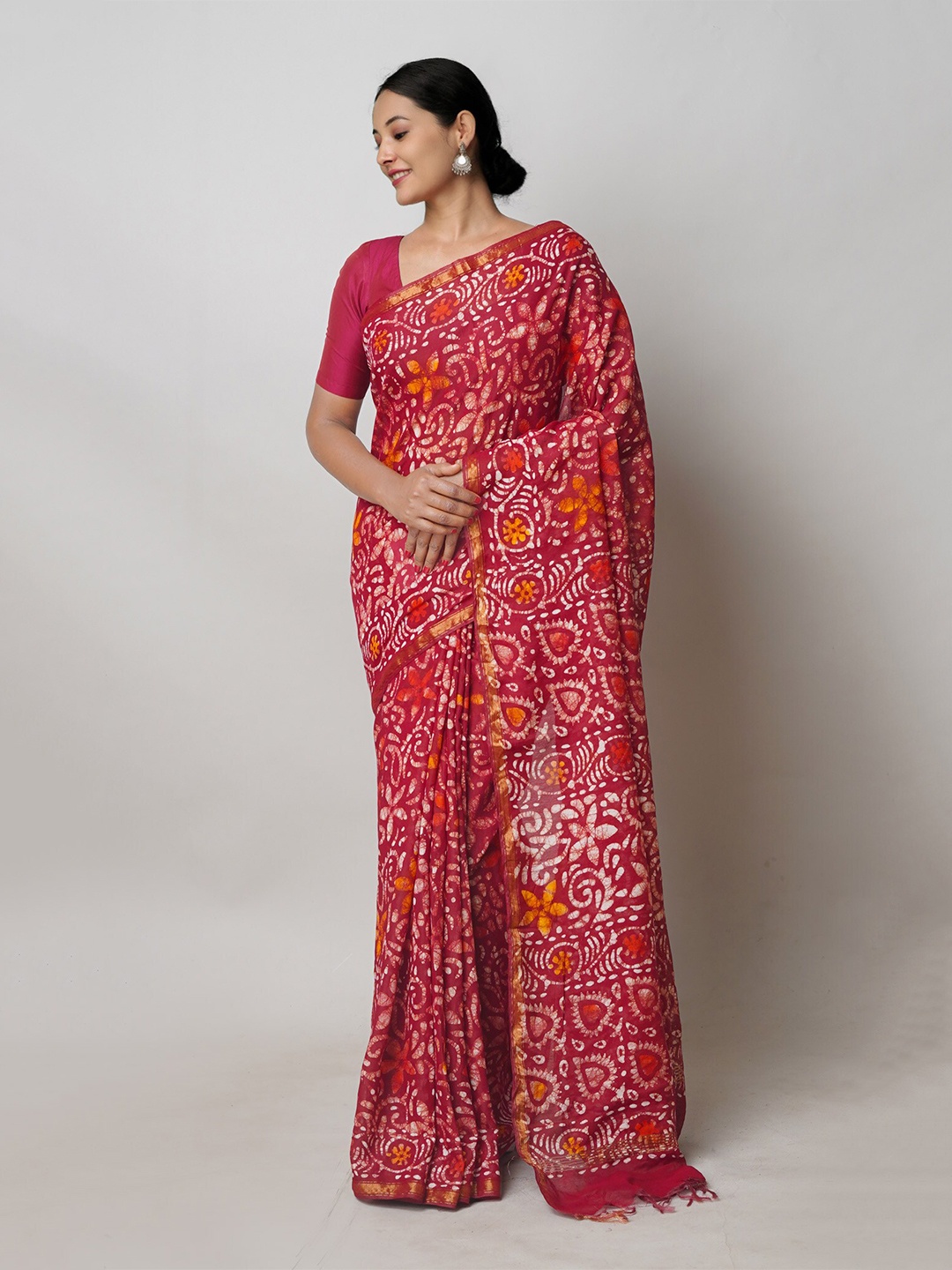 

Unnati Silks Batik Printed Zari Chanderi Saree, Maroon