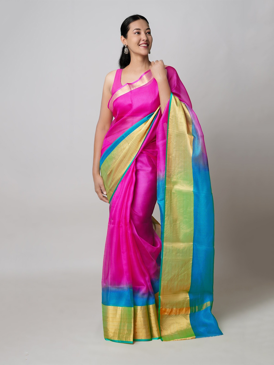 

Unnati Silks Colourblocked Pure Silk Handloom Kota Saree, Pink