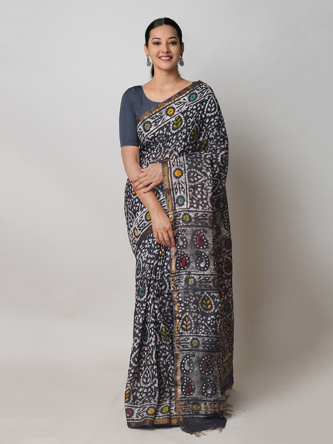 

Unnati Silks Batik Printed Silk Cotton Chanderi Saree, Black