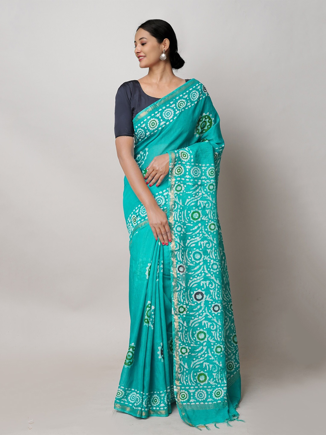 

Unnati Silks Batik Printed Silk Cotton Chanderi Saree, Green