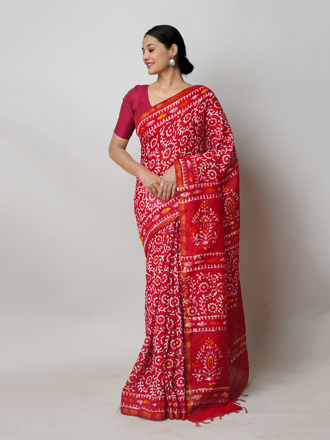 

Unnati Silks Batik Printed Silk Cotton Chanderi Saree, Red