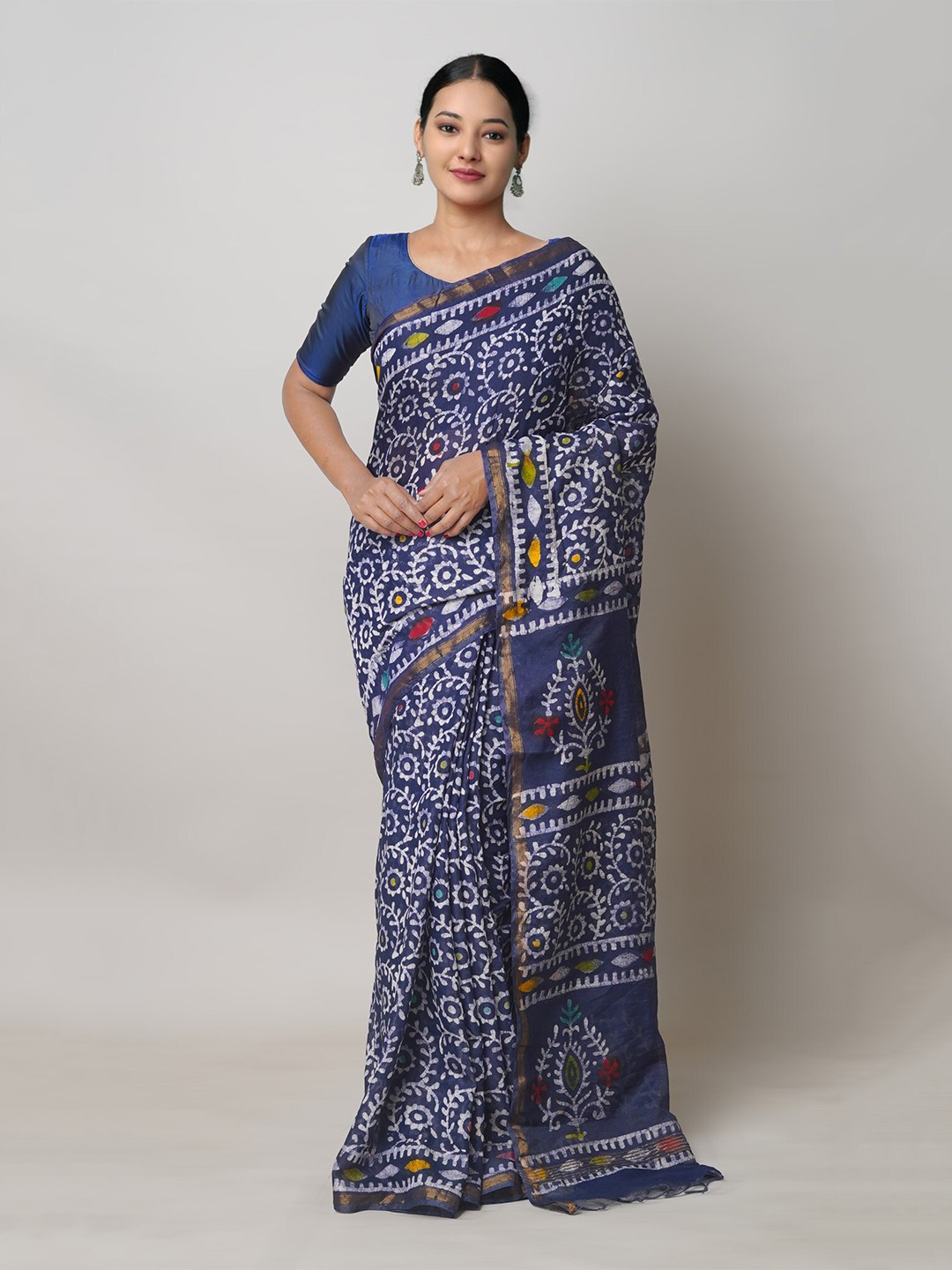 

Unnati Silks Batik Printed Silk Cotton Chanderi Saree, Navy blue