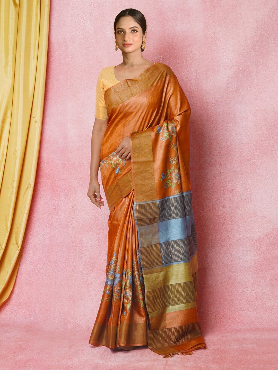 

Unnati Silks Floral Printed Pure Silk Handloom Tussar Saree, Orange