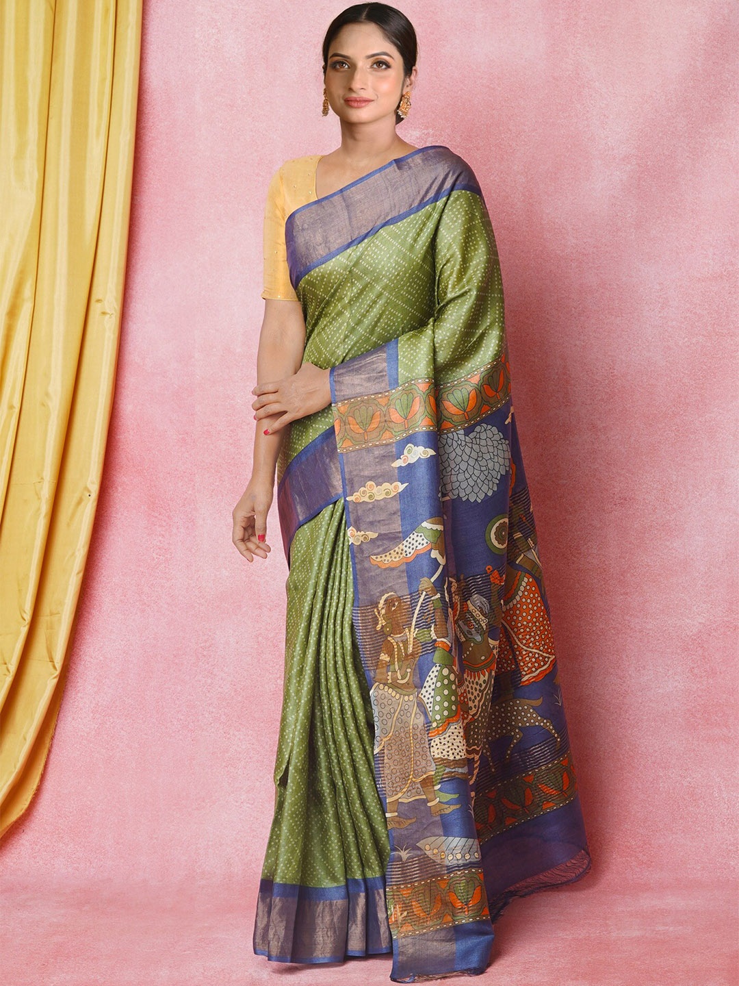 

Unnati Silks Bandhani Printed Pure Silk Zari Tussar Saree, Green
