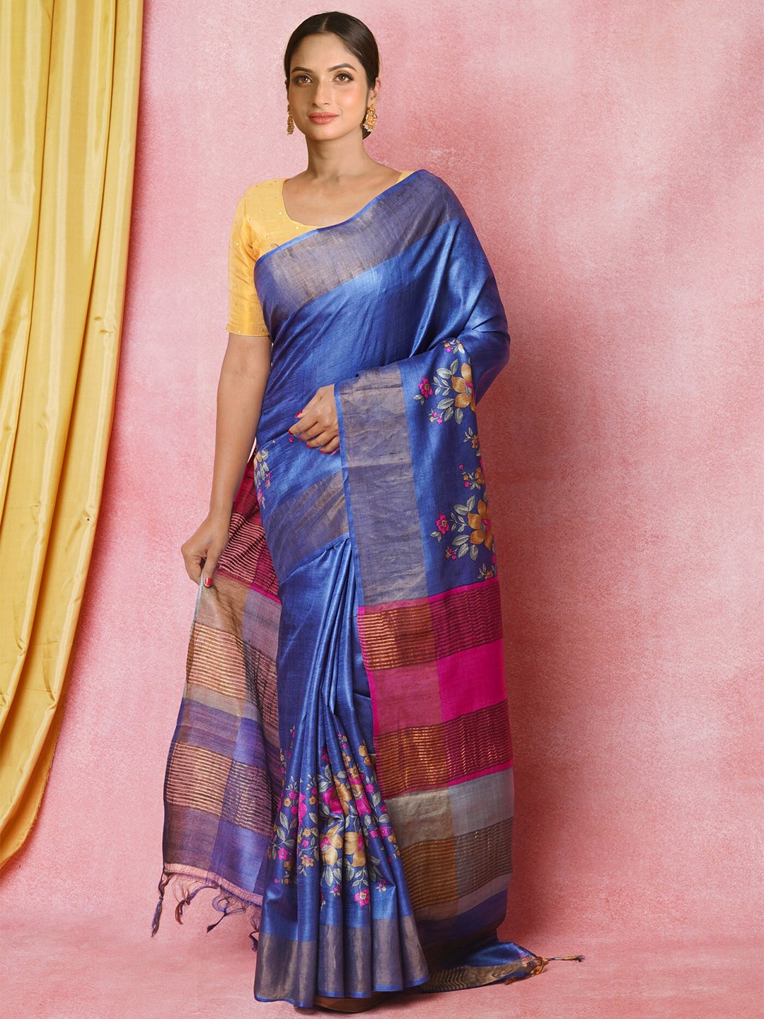 

Unnati Silks Ethnic Motifs Woven Design Pure Silk Zari Tussar Saree, Blue