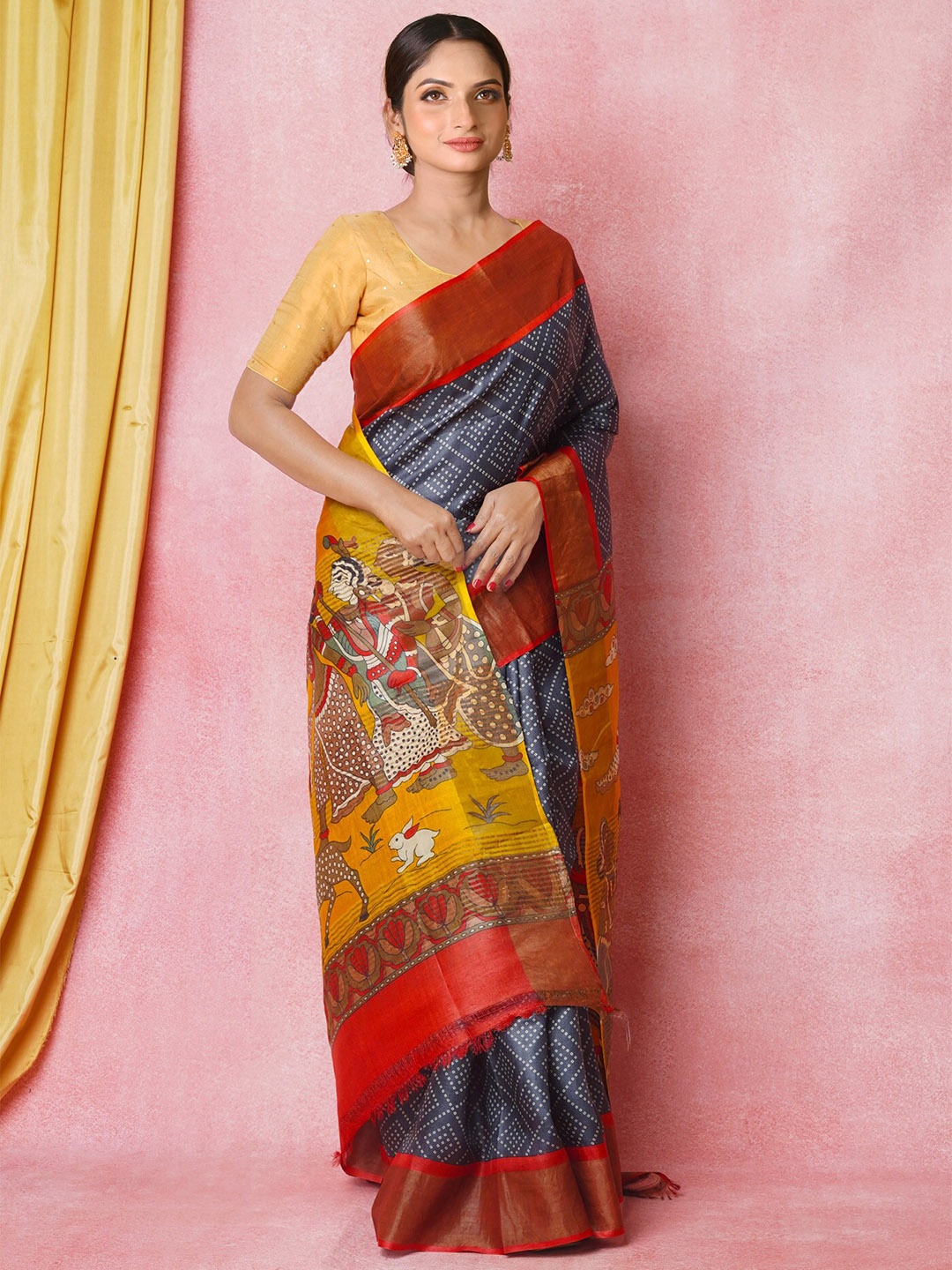 

Unnati Silks Ethnic Motifs Printed Zari Pure Silk Tussar Saree, Black