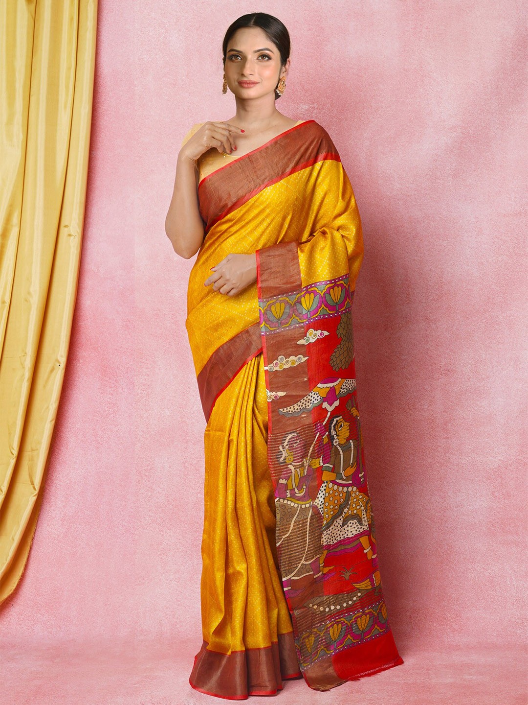 

Unnati Silks Bandhani Printed Pure Silk Handloom Tussar Saree, Yellow