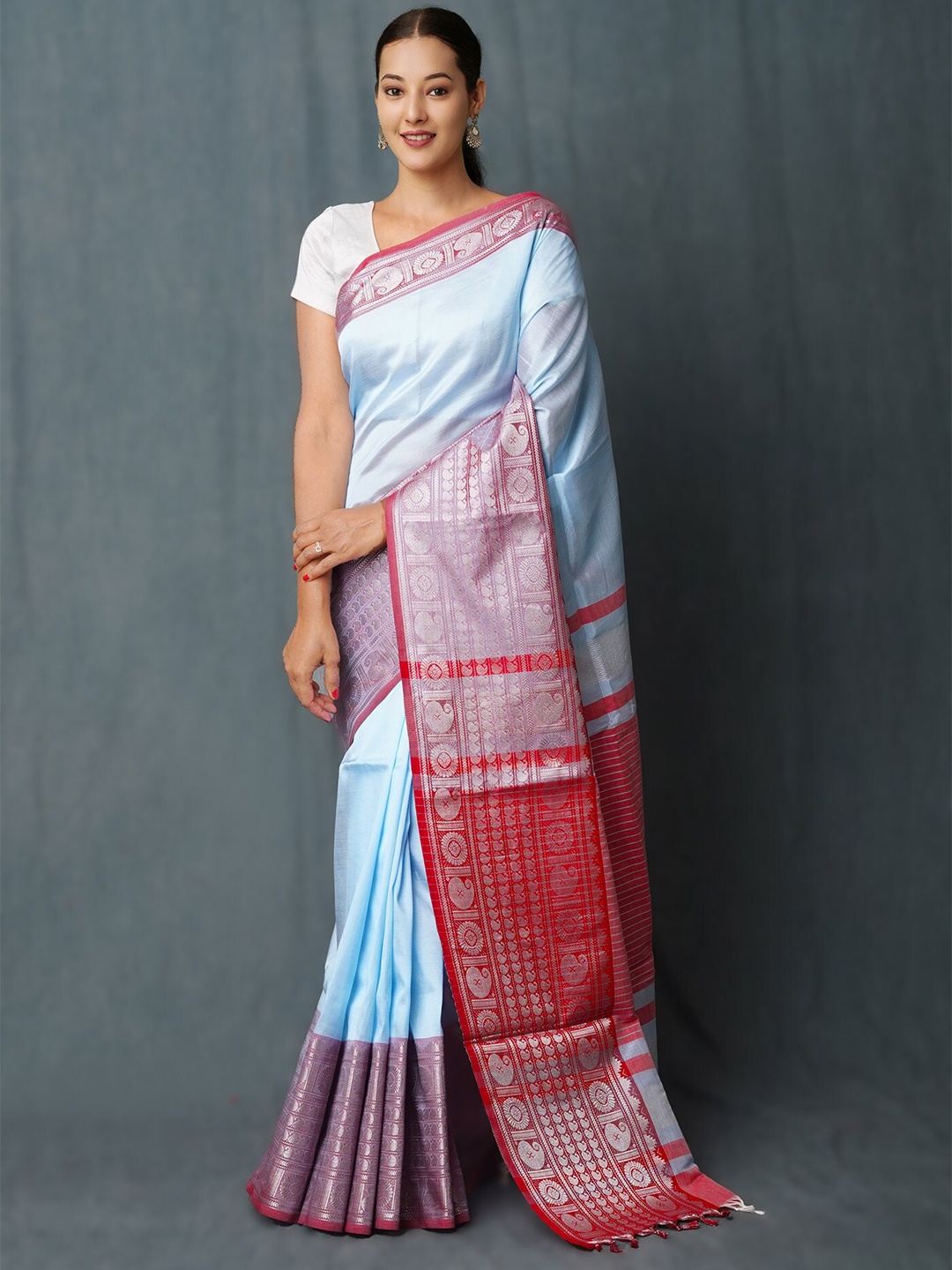 

Unnati Silks Ethnic Motifs Woven Design Pure Silk Zari Narayan Peth Saree, Blue