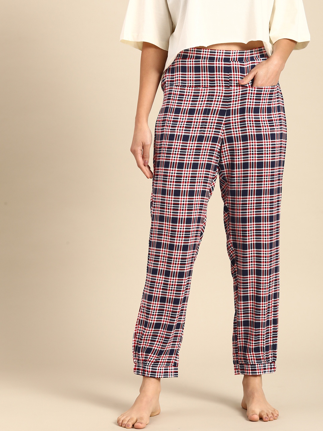 

Mystere Paris Women Checked Lounge Pants, Navy blue