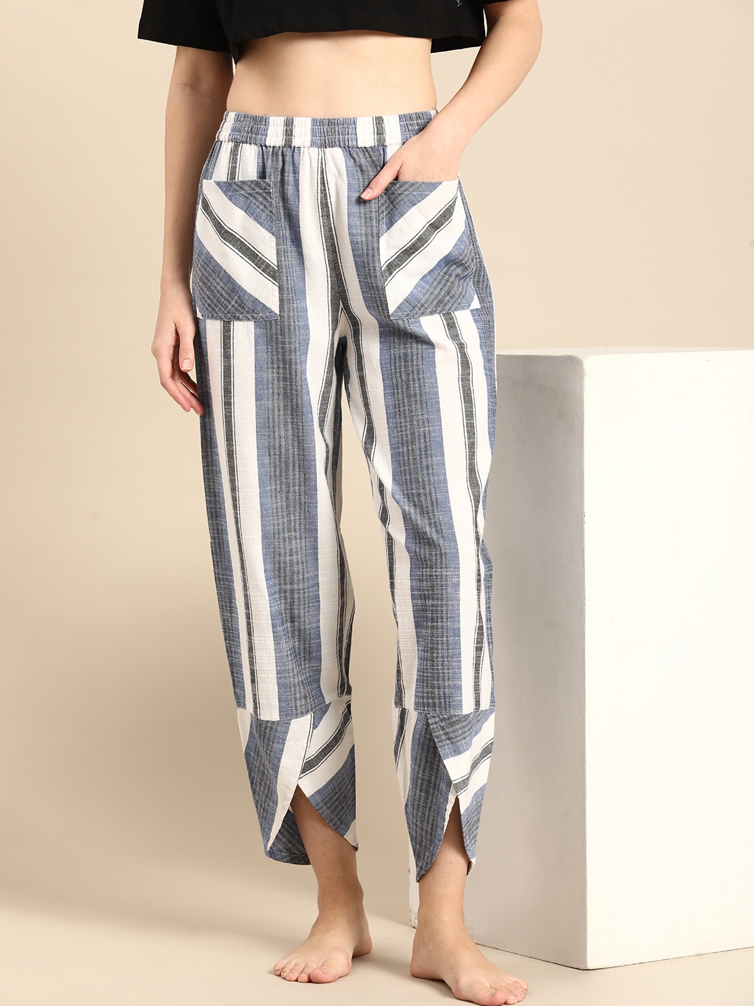 

Mystere Paris Women Striped Cotton Lounge Pants, Navy blue